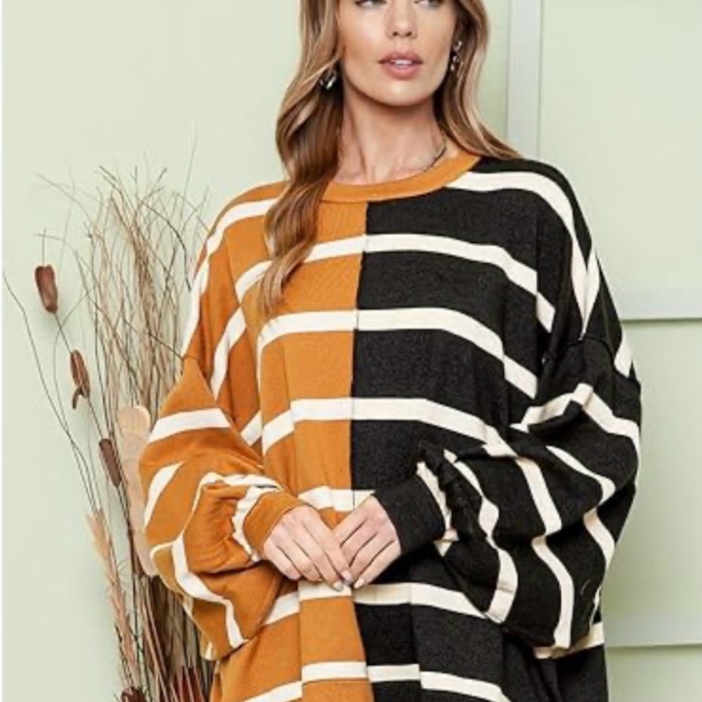 Amazon Women's Striped Crew Neck Sweater - Black, White, Orange